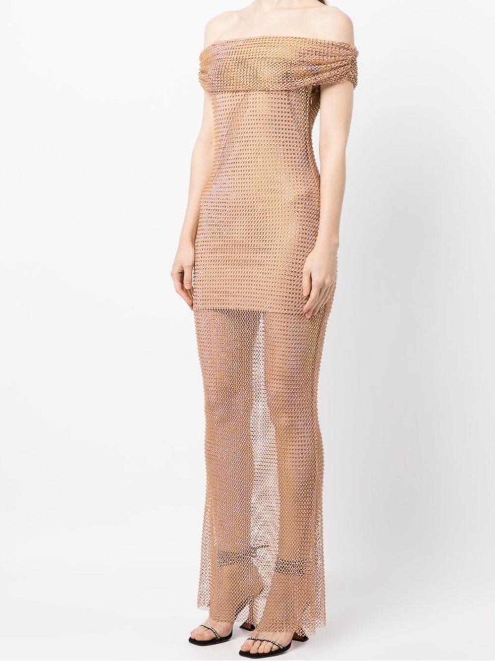 Self Portrait- Sheer Metallic Off-Shoulder Mesh Maxi Dress - Nude Gold